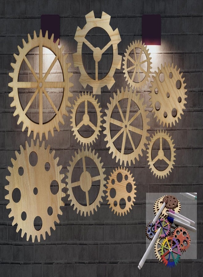 AMQUAL 10Pcs Steampunk Decor Wooden Gear Set, Industrial Vintage Wheels for Wall Hanging, Farmhouse, Bar & DIY Crafts (5.9In-3.1In) - Image 1